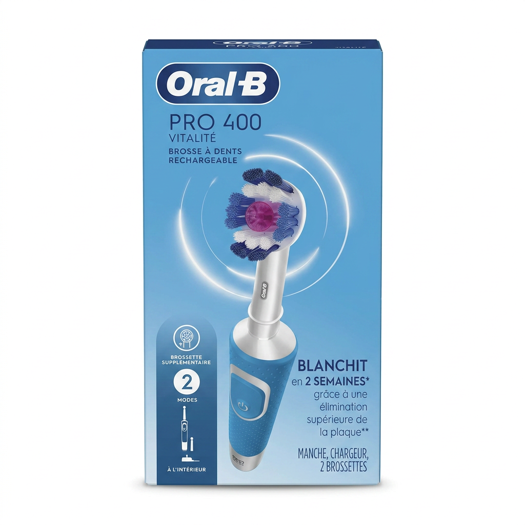 Oral-B – PRO 400 Vitalité Brosse à Dents Rechargeable – Blanchit en 2 semaines – MANCHE, CHARGEUR, 2 BROSSETTES H&O Parapharmacie - Algérie Oral-B – PRO 400 Vitalité Brosse à Dents Rechargeable – Blanchit en 2 semaines – MANCHE, CHARGEUR, 2 BROSSETTES H&O Parapharmacie - Algérie