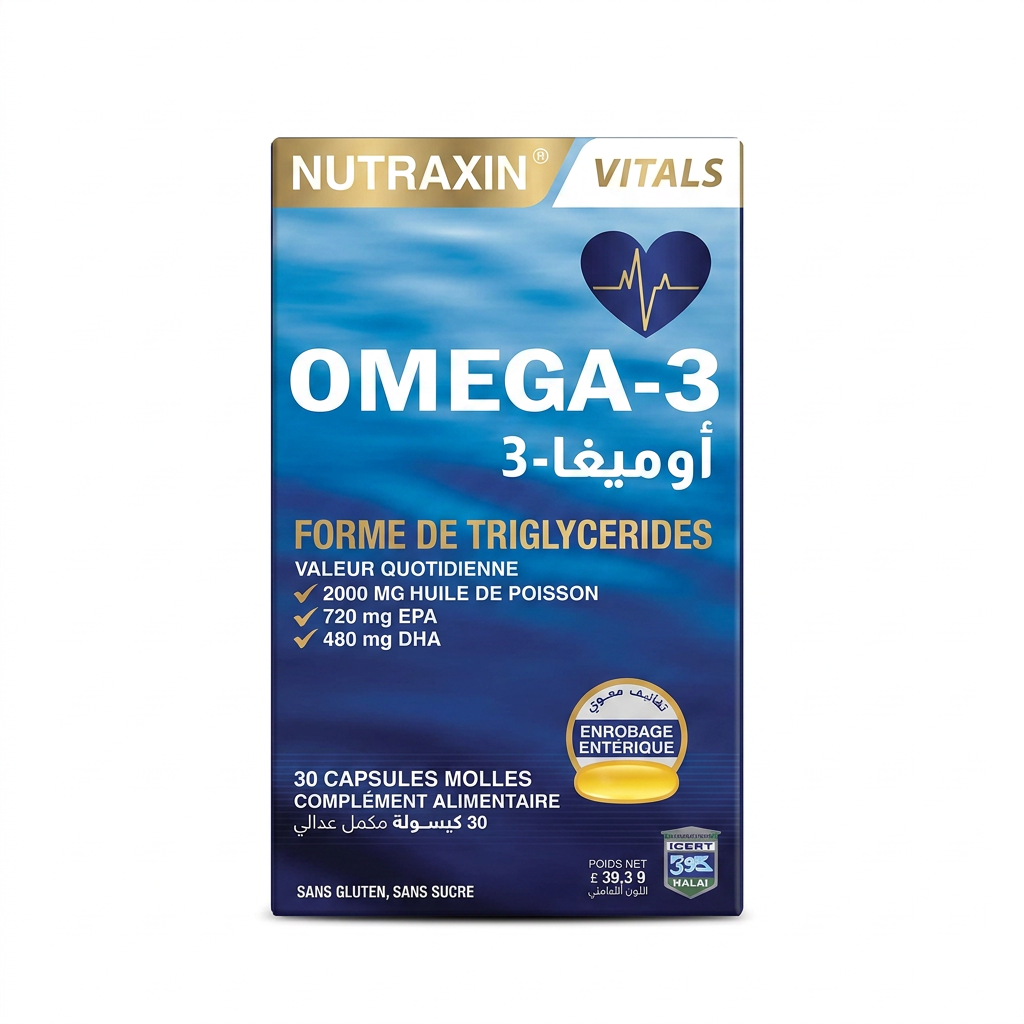 NUTRAXIN – OMEGA-3 FORME DE TRIGLYCERIDES – Soutien Cardiovasculaire et Cérébral – 30 capsules molles H&O Parapharmacie - Algérie NUTRAXIN – OMEGA-3 FORME DE TRIGLYCERIDES – Soutien Cardiovasculaire et Cérébral – 30 capsules molles H&O Parapharmacie - Algérie