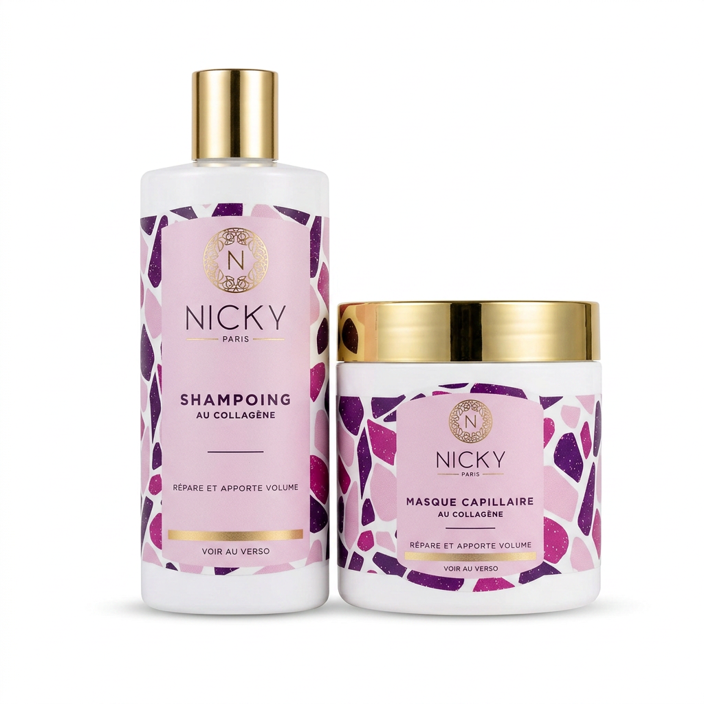 NICKY PARIS – Shampoing & Masque Capillaire au Collagène – Réparation et Volume – 500 ml H&O Parapharmacie - Algérie NICKY PARIS – Shampoing & Masque Capillaire au Collagène – Réparation et Volume – 500 ml H&O Parapharmacie - Algérie