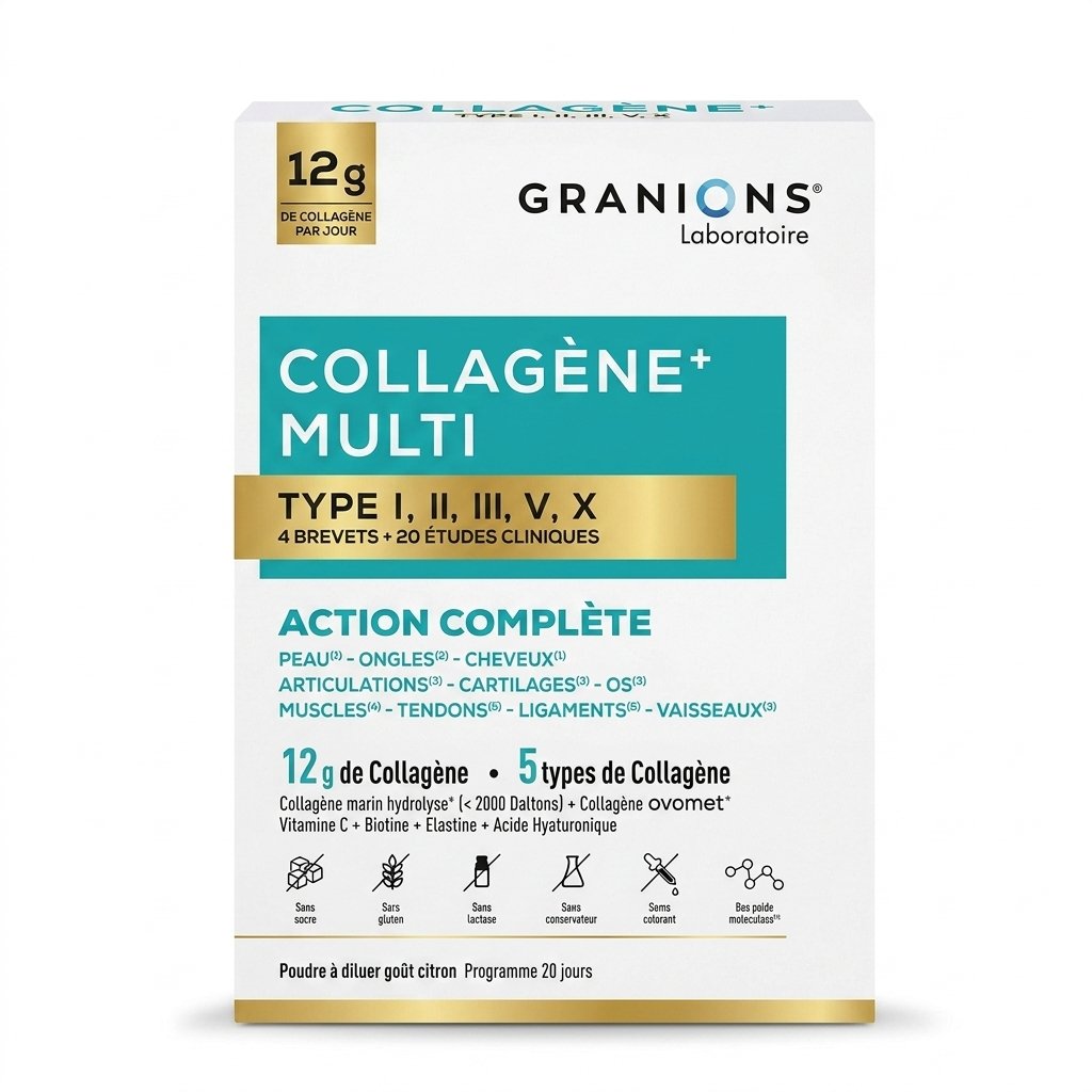 GRANIONS – COLLAGÈNE+ MULTI – Action complète pour peau, ongles, cheveux, articulations – Programme 20 jours H&O Parapharmacie - Algérie GRANIONS – COLLAGÈNE+ MULTI – Action complète pour peau, ongles, cheveux, articulations – Programme 20 jours H&O Parapharmacie - Algérie