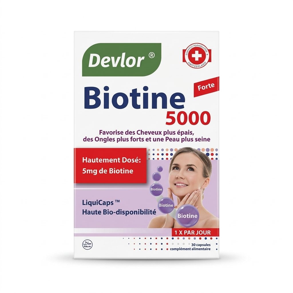 Devlor – Biotine 5000 – Cheveux, Ongles et Peau – 30 capsules H&O Parapharmacie - Algérie Devlor – Biotine 5000 – Cheveux, Ongles et Peau – 30 capsules H&O Parapharmacie - Algérie