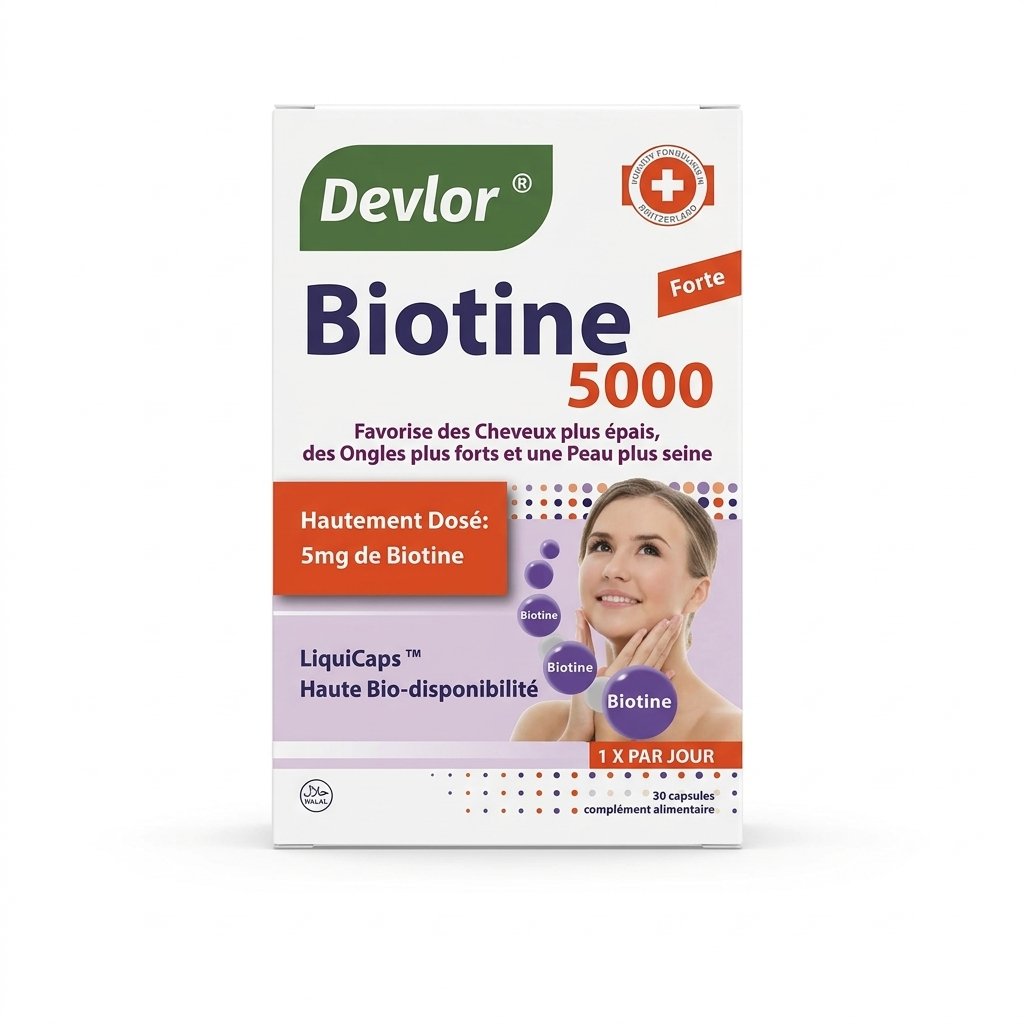 Devlor – Biotine 5000 – Cheveux plus épais, ongles plus forts, peau saine – 30 capsules H&O Parapharmacie - Algérie Devlor – Biotine 5000 – Cheveux plus épais, ongles plus forts, peau saine – 30 capsules H&O Parapharmacie - Algérie